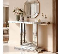Coolywood Elegante mesa consola con aspecto plateado y base estable en forma de U, resistente a los arañazos y fácil de limpiar, mesa de salón de lujo para iluminar la habitación