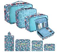 Coolzon Organizador de Equipaje,8 en 1 Set de Organizadores de Viajes Impermeable Organizador de Maleta Bolsa,Cubos de Embalaje Para Ropa,Cosméticos,Ropa Interior,Flor azul