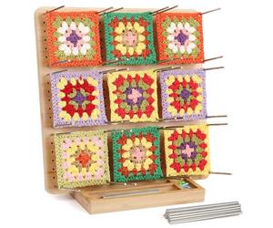 Coopay Escuadra de Granny Square Grande, 29 x 29 cm Tabla de Bloqueo para Tejer a Crochet con 30 Varillas de Acero Inoxidable y Fondo Ranurado, Tabla de Bambú para Escuadrar Granny Squares, Tabla de