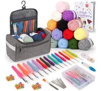 Coopay Juego de 73 Agujas de Ganchillo Para Principiantes - Set Portátil Con 15 Lanas, Bolsa y Accesorios - Agujas Ergonómicas 2,0-10 mm Con Mango
