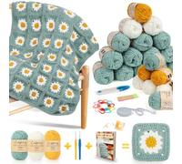 Coopay Juego de ganchillo Granny Square para principiantes, juego de ganchillo para manta de margaritas, juego de ganchillo completo con aguja de ganchillo, hilo de ganchillo, juego de ganchillo con