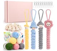 Coopay Juego de ganchillo para principiantes, juego de ganchillo para gusanos de la suerte con 6 x 25 g de hilo de ganchillo multicolor, juego de ganchillo con 40 bolas de madera con cara e
