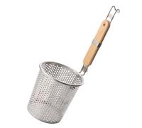 COOPHYA Colador de Acero Inoxidable con Cesta Profunda y Mango de Madera con Gancho Tamiz Fino para Pasta Dumplings y Fideos Base Estable Antideslizante