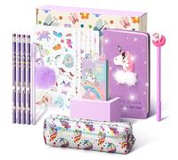 Cooyou Unicornios Regalo para Niñas 5 6 7 8 9 10 11 12 Años, Includere Estuche Escolar y Diario Secreto Niña y Pegatinas, Unicornio Papeleria y Juguetes para Niña, Morado
