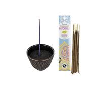 Copa de incienso de hierro fundido negro y dorado + incienso de pachulí indio