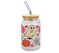 Copa de paja de vidrio, diseño de fantasmas de calabaza, 400 ml, bebida de vidrio con tapa, taza de Halloween, característica de tapa reutilizable, para niños o adultos festivos de bebidas heladas