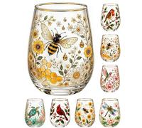 Copa de vidrio de flora de abeja de colibrí - Cristalería decorativa floral esmaltada de 14 onzas para té, café, copas de vino de colores transparentes inspiradas en la naturaleza, regalo para mujeres
