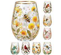 Copa de vidrio de flora de abeja de colibrí - Cristalería decorativa floral esmaltada de 14 onzas para té, café, copas de vino de colores transparentes inspiradas en la naturaleza, regalo para mujeres