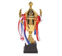 Copa grande de trofeo de oro, copa de trofeo de fútbol, cinta colorida de oro para torneos deportivos, competiciones, partido de campeonato de fútbol