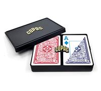 Copag Juego de cartas de juego de 4 colores, 100% plástico, tamaño puente, índice jumbo, rojo/azul, juego de doble baraja