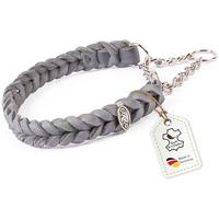 CopcoPet Collar de piel engrasada trenzado con cadena de parada, collar de doma hecho a mano en Alemania, color gris, 40-45 cm x 20 mm
