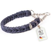 CopcoPet Collar de piel engrasada trenzado con cadena de parada, collar de doma hecho a mano en Alemania, color azul marino, 55-60 cm x 25 mm