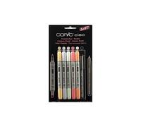 COPIC Rotuladores Ciao Set 5+1 «Pastels» – 5 dobles punta mediana y pincel, Multiliner negro 0,3 mm