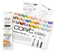 COPIC Ciao LAYER & MIX Starter Set Cozy, juego de rotuladores con 3 colores diferentes, papel de rotulador y plantilla de dibujo para calcar, incl. hoja de ejercicios de familiarización
