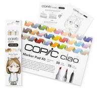 COPIC Ciao LAYER & MIX Starter Set Mellow, juego de rotuladores con 3 colores diferentes, papel de rotulador y plantilla de dibujo para calcar, incl. hoja de ejercicios de familiarización