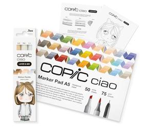 COPIC Ciao LAYER & MIX Starter Set Mellow, juego de rotuladores con 3 colores diferentes, papel de rotulador y plantilla de dibujo para calcar, incl. hoja de ejercicios de familiarización