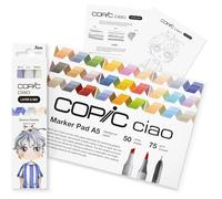 COPIC Ciao LAYER & MIX Starter Set Serene, juego de rotuladores con 3 colores diferentes, papel de rotulador y plantilla de dibujo para calcar, incl. hoja de ejercicios de familiarización