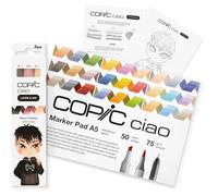 COPIC Ciao LAYER & MIX Starter Set Warm, juego de rotuladores con 3 colores diferentes, papel de rotulador y plantilla de dibujo para calcar, incl. hoja de ejercicios de familiarización