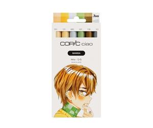 Copic Ciao MANGA Set Hiro, juego de rotuladores con 5 tonos cálidos de amarillo y marrón, incl. 1 Multiliner 0,3 mm en gris, rotulador doble con punta de ancho medio y punta pincel