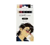 Copic Ciao Manga Sota, juego de rotuladores con 5 tonos rojos fuertes y violeta apagado, incluye 1 multiliner de 0,3 mm en azul, doble rotulador con una punta media y una punta de pincel