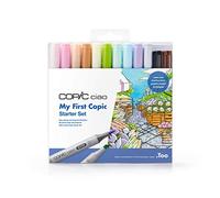 COPIC Ciao Set «Mi primer Copic», Starter Set con 10 rotuladores Twin, 2 Multiliner Negro y Sepia de 0,3 mm, 3 plantillas para colorear y 8 hojas de papel DIN A6 Premium, guía incluida