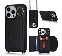 Copmob Funda iPhone 13 Pro Max/12 Pro Max con Cuerda,Flip Billetera Funda de cuero,[3 Ranuras][Magnetica][Con soporte de anillo],Carcasa Protector Funda para iPhone 13 Pro Max/12 Pro Max - Negro