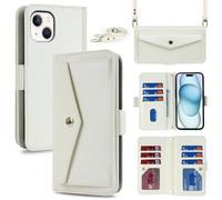 Copmob Funda iPhone 15 con Cuerda,Carcasa iPhone 15,Flip Billetera Funda de Cuero,[9 Ranuras][Magnetica][Soporte Funcion],Carcasa Protector Funda para iPhone 15 - Blanco