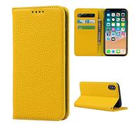 Copmob Funda iPhone X/XS,Flip Piel Genuina Billetera Funda de Cuero Genuino,[4 Ranuras][Cierre magnético],Carcasa Cáscara Protectora Case para iPhone X/XS - Amarillo