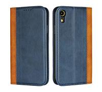Copmob Funda Piel iPhone XR,Flip Billetera Funda de Cuero,[3 Ranuras][Función de Soporte][Cierre magnético],Funda Libro Carcasa Case para iPhone XR - Azul+Amarillo
