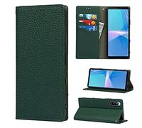 Copmob Funda Piel Sony Xperia 10 III,Piel Genuina Flip Billetera Funda de Cuero Genuino,[3 Ranuras][Cierre magnético][RFID Blocker],Carcasa Case Funda Libro para Sony Xperia 10 III - Verde Oscuro