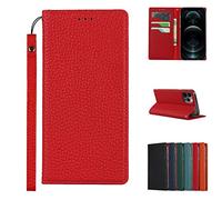 Copmob iPhone 12 Pro MAX Funda,Premium Piel Genuina Flip Billetera Funda de Cuero Genuino,[3 Ranuras][Cierre magnético],Carcasa Funda para iPhone 12 Pro MAX - Rojo