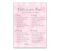 Copos de nieve - ¿Qué hay en tu teléfono? Juego de baby shower - Paquete de 25 - Juego de baby shower rosa de invierno para niña, Baby It's Cold Frost Holiday tema de Navidad Baby Shower Actividad