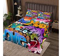 Copriletto Trapuntato Con Graffiti Hippie para Niños y Adolescentes - Estilo Hip Hop Cultura de Calle - Set Colorido Con Colección Hipster para Dormitorio - 3 Piezas para Cama 240x220cm