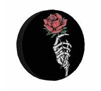 Copriruota di scorta con teschio e rosa, scheletro vintage che tiene un fiore, Halloween, ragazza romantica, protezioni universali per ruote resistenti alle intemperie, copriruota per camper, roulotte