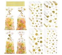 COQOFA 100 bolsas de celofán doradas de 5 x 11 pulgadas, bolsas de regalo de celofán, bolsas de regalo de fiesta, bolsas transparentes de plástico para almacenamiento de golosinas con lazos giratorios