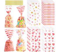 COQOFA 100 bolsas de regalo de celofán de celofán de color rosa dorado de 5 x 11 pulgadas, bolsas de regalo de fiesta, bolsas transparentes de plástico para almacenamiento de golosinas con lazos