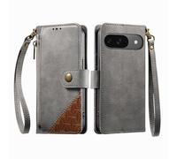 COQUE Custodia a portafoglio per Google Pixel 10 con Slot per Carte e supporto, Design a blocchi di Colore, tasca con cerniera, Chiusura a bottone, custodia protettiva per cinturino da polso-Gris