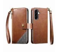 COQUE Custodia a portafoglio per Samsung Galaxy A57 con slot per carte e supporto, design a blocchi di colore, tasca con cerniera, chiusura a bottone, custodia protettiva per cinturino da polso-Marrón