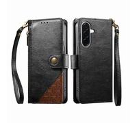 COQUE Custodia a portafoglio per Samsung Galaxy A57 con Slot per Carte e supporto, Design a blocchi di Colore, tasca con cerniera, Chiusura a bottone, custodia protettiva per cinturino da polso-Negro