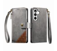 COQUE Custodia a portafoglio per Samsung Galaxy S26 con Slot per Carte e supporto, tasca con cerniera, Chiusura a bottone, custodia protettiva per cinturino da polso-Gris