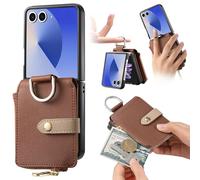 COQUE Funda con Cremallera Texturizada Lychee para Samsung Galaxy Z Flip 7, con Tarjetero y Anillo para el Dedo, Funda Protectora para Samsung Galaxy Z Flip 7-Marrón