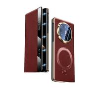 COQUE Funda de Cuero Fjord para Huawei Mate X7, Funda Tipo Flip con Ventana Smart View, Soporte Giratorio de 360°, Carga Inalámbrica, Cubierta Antigolpes para Huawei Mate X7-Rojo