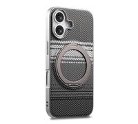 COQUE Funda de Fibra de Carbono para Apple iPhone 16, Marco Plateado, Tejido de Fibra de aramida, Soporte magnético Giratorio de 360° con Sonido de Clic, Funda Protectora Afterglow-Negro