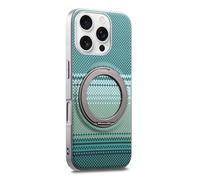 COQUE Funda de Fibra de Carbono para Apple iPhone 16 Pro, Marco Plateado, Tejido de Fibra de aramida, Soporte magnético Giratorio de 360° con Sonido de Clic, Funda Protectora Afterglow-Verde