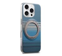 COQUE Funda de Fibra de Carbono para Apple iPhone 16 Pro, Marco Plateado, Tejido de Fibra de aramida, Soporte magnético Giratorio de 360° con Sonido de Clic, Funda Protectora Afterglow-Azul