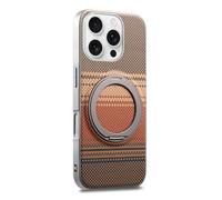 COQUE Funda de Fibra de Carbono para Apple iPhone 16 Pro MAX, Marco Plateado, Tejido de Fibra de aramida, Soporte magnético Giratorio de 360° con Sonido de Clic, Funda Protectora Afterglow-Marrón