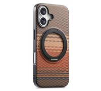 COQUE Funda de Fibra de Carbono para Apple iPhone 17, Tejido de Fibra de Aramida con Soporte Magnético Giratorio 360° y Sonido Click, Funda Protectora Afterglow para Apple iPhone 17-Marrón