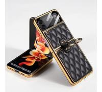 COQUE Funda Galaxy Z Flip 3,Ultra Slim Shell Film Estuche para teléfono con Anillo de Cuero rómbico de línea integrada,Carcasa Plegable para teléfono para Samsung Galaxy Z Flip 3 5G-Negro