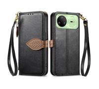 COQUE Funda Tipo Cartera para iPhone 17 con Tarjetero, Bolsillo con Cremallera y Hebilla de Hoja, Correa para la muñeca, Funda de Piel sintética con Tapa para iPhone 17-Negro