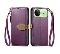 COQUE Funda Tipo Cartera para iPhone 17 con Tarjetero, Bolsillo con Cremallera y Hebilla de Hoja, Correa para la muñeca, Funda de Piel sintética con Tapa para iPhone 17-Púrpura